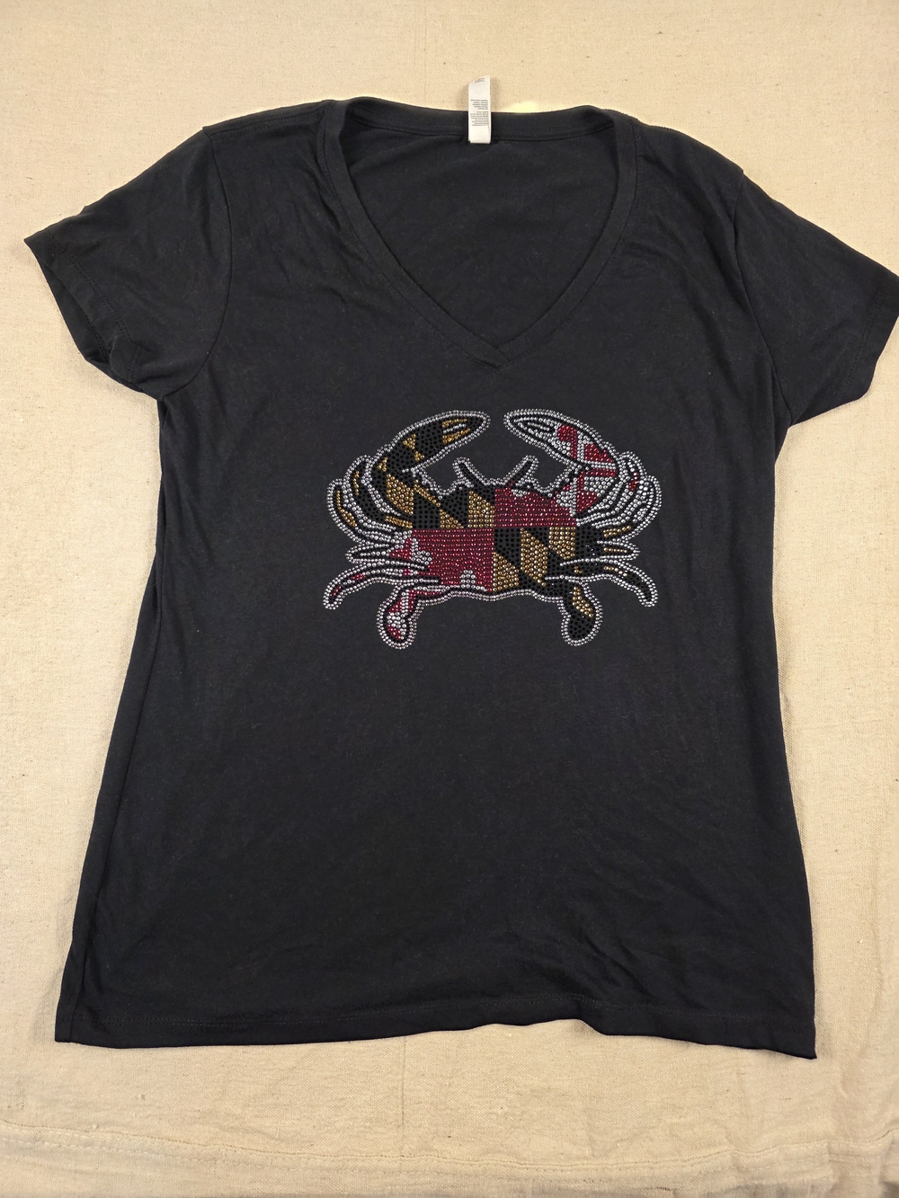 Next Level Women's XL Black V-Neck Rhinestone Maryland Flag Crab T-Shirt